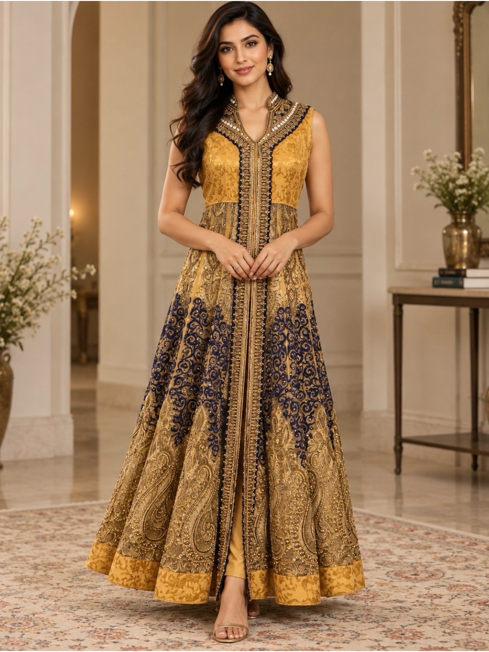 Elegant Alarkali Mustard & Navy Embroidered Anarkali Dress Handmade Embellished